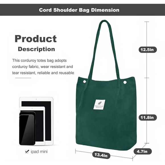 Women Green Imported Corduroy Small Canvas Shoulder Handy Tote Bag - Picture 3 of 4